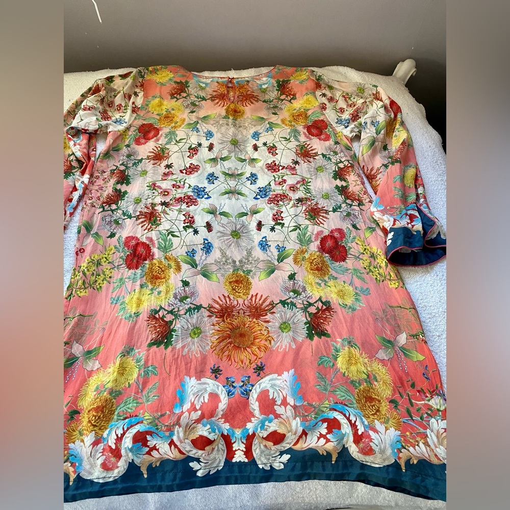 Johnny Was Coral Floral Silk Tunic with Teal & Cream Accents - Picture 11 of 16